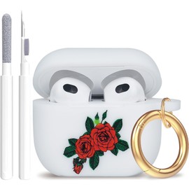 Flower Silicone Airpods 3 Case 2021, Gawnock Soft Case Cover Flexible for Airpods 3rd Generation Floral Print Cover for Women Girls with Keychain (Rose Flower)