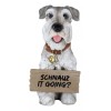 Adorable Grey Schnauzer Dog Sitting With Jingle Collar Greetings Sign