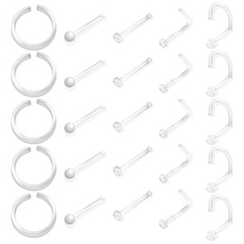 VANANA 25 Pcs Clear Nose Stud, Plastic Nose Studs Invisible Earrings Piercing Retainers for School Daily Work 5 Styles