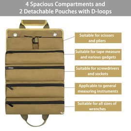 Tool Roll Bag, Tool Bag, Heavy Duty Oxford Cloth Tool Bag, Portable Roll Up Storage Pouch, with 2 Detachable Tool Pouch, Ideal for Plumbers, Craftsmen, Electricians, Carpenters and Gardeners (Khaki)