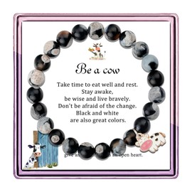 Cow Bracelet Charm - Cute Jewelry and Accessories for Cow Lovers - Themed Gifts for Women (Black Agate)