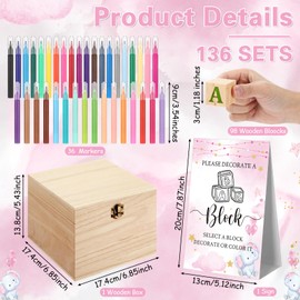 Marsui 136 Pcs Baby Shower Blocks to Decorate Game Kit Includes 98 Wooden Blocks, 36 Markers, 1 Game Sign, 1 Storage Box for Baby Shower Gender Reveal Activity Party Decorations(Pink Elephant)