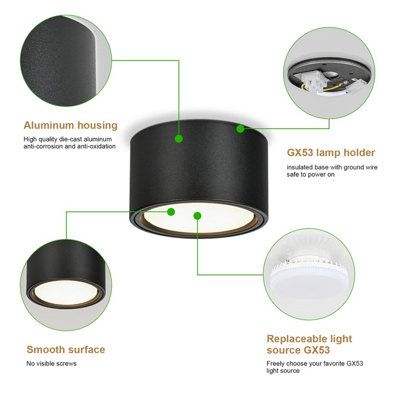 KYOTECH LED Surface-Mounted Light, Black, Surface-Mounted Spotlight, Flat with 6