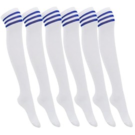 6 Pairs Over Knee Thigh High Socks 3 Stripes, Assorted Color Long Stocking Leg Warmer for School Uniform Cosplay Cosutme (White Blue)