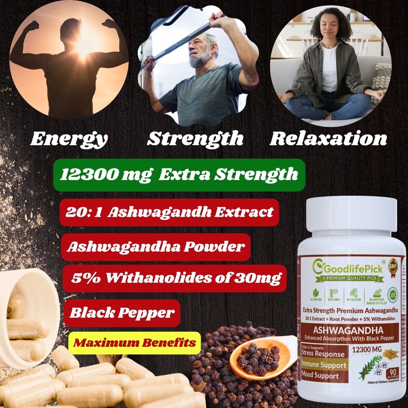 Powerful Ashwagandha 12300mg & 5% Withanolides Black Pepper 90 cap