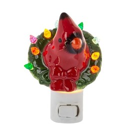 Ganz Midwest Illuminated Red & Green 3.5 x 6.5 Inch Ceramic Decorative Holiday Décor Christmas Nightlight, Cardinal Wreath