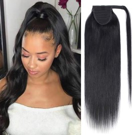 Wrap Around Ponytail Human Hair Extension 18" Jet Black One Piece Remy Clip In On Ponytail Hair Extension Silky Straight Brazilian Hair Wrap Pony Tail Hairpiece 90g (18"Straight,#01)