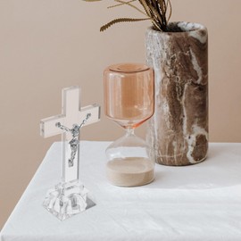 IMIKEYA Crystal Cross Standing, Jesus Cross with Light Crucifix Cross Statue Praying Religious Figure Catholic Cross Standing Ornament Sacred Crystal Cross Table Top Home Decoration
