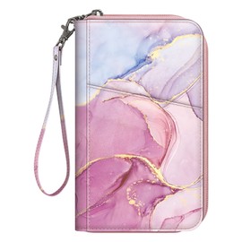 FINTIE Passport Holder Travel Wallet for Family 4-6, RFID Blocking Travel Document Organizer Clutch Bag for Passports, Business Cards, Credit Cards, Boarding Passes, Marble Pink