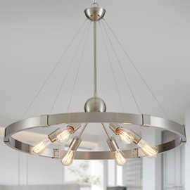 XINGQI Modern Farmhouse Chandelier Large 6-Lights, Rustic Wagon Wheel Chandelier Brushed Nickel Retro Ceiling Pendant Light for Dining Room Living Room Large Round Light Fixture, 31.5"