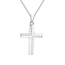 Tuscany Silver Women's Sterling Silver Rhodium Plated 16.5mm x 29mm Edge and Cross with CZ Pendant on Sterling Silver Rhodium Plated Panza Curb Chain 46cm/18"