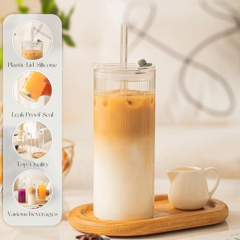 KEMORELA 6-Pack 18oz Large Round Glass Cups with Lids &