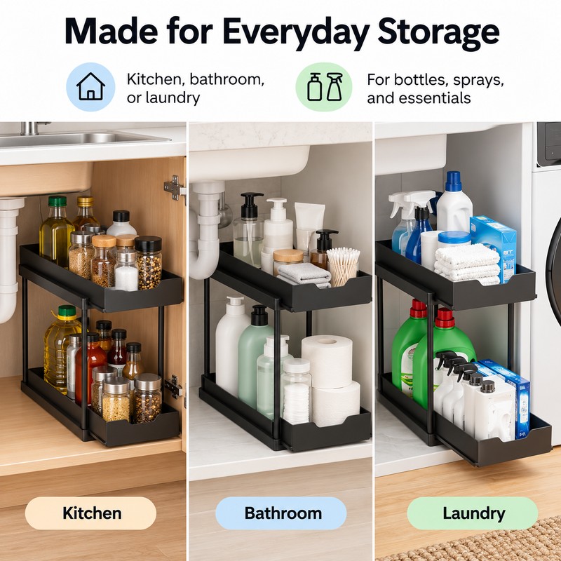 2-Tier Pull-Out Under Sink Organizer - Black Sliding Storage Rack