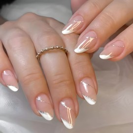 Almond Press on Nails Short French Tip Pink Fake Nails Silver Line Stick on Nails Artificial Glossy Nails Acrylic Full Cover Glue on Nails for Women