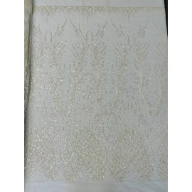 Mia Fabrics Ivory Beaded Fabric by the yard, Damask Pattern With Beads and Sequin