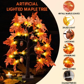 Fall Maple Leaf Table Lighted Tree - Thanksgiving Decorations 2 Pack Home Decor with 48 LED Lights for Indoor Outdoor Room Decoration Artificial Harvest Autumn Trees Battery Operated for Home Party