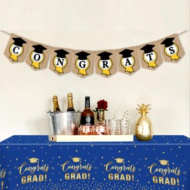 Lianxuia 3Pcs Graduation Tablecloths Class of 2025, 54 x 108 Inch Blue and Gold Dot Plastic Table Cover, Congrats Grad Table Cloth for Graduation Party Decorations 2025