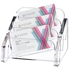 YUXUN Business Card Holder for Desk 3 Tier 3 Slots,Creative Acrylic Slanted Business Card Display Stand for Woman and Man,Organize 150 Cards-Clear,1 Pack