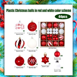 44Pcs Christmas Ball Plastic Christmas Ornament Decorative Bauble Hanging Christmas Decoration For Holiday Party Wedding Decorations Home Festival Decors Christmas Tree Decoration (Red and white)