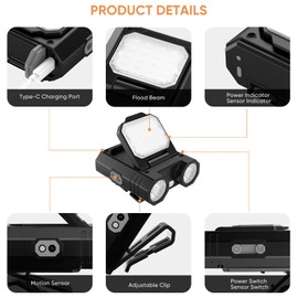 BIKACU LED Hat Clip Light 400 Lumen Rechargeable Clip on Cap Lights with Motion Sensor, 180° Adjustable Hands Free Hat Flashlight Headlamp for Camping, Fishing, Hiking, Running