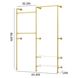 KaKaBB Gold Pipe Clothing Rack, Clothes Rack for Wardrobe, Bedroom and as walk-in Closet System, Double Hanging Rods Clothes Rack with Shelves,Heavy Duty Clothes Rack Wall Mounted(Gold)
