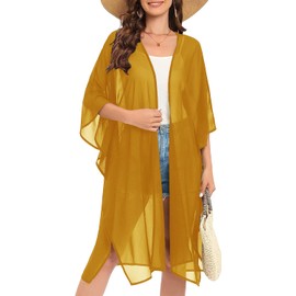 Women's Solid Puff Sleeve Kimono Long Cardigan Loose Cover Up Casual Blouse Top Chiffon, Golden, One Size