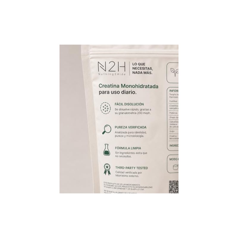 N2H Creatina Monohidratada 100% Pura, 600g, 5 g por Porción,
