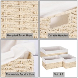Vagusicc Wicker Basket, Set of 3 Hand-woven Storage Baskets for Organizing, Decorative Bathroom Wicker Storage Basket Bins with Handles, Small Toilet Paper Storage Baskets for Shelves & Decor, Beige