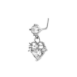 20G L-Shaped Crystal Heart Dangle Nose Studs Rings for Women 316L Surgical Steel Cubic Zirconia Love Heart L Bar Nose Rings Dangling Nose Piercing Jewelry Gold&Silver (Silver)