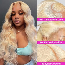 613 Blonde Body Wave Lace Front Wigs Human Hair Pre Plucked Blonde 13x4 Body Wavy Transparent Lace Frontal Wig Human Hair For Women 180 Density Human Hair Wigs With Baby Hair (18inch)