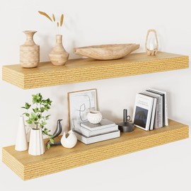 Heimlove Floating Shelves for Wall,Oak 32 Inch Floating Shelves Set of 2,Wall Mounted Wood Shelves for Bathroom Bedroom Living Room Kitchen Office,Hanging Shelf for Books Storage Room Decor