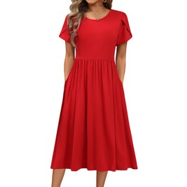 HOTOUCH Red Dresses for Women Short Sleeve Summer Dress with Pockets Cotton Midi A-Line Swing Fitted Sundress,Medium