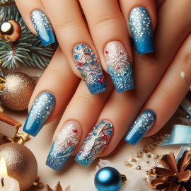 Christmas Press on Nails Medium Ballet Artificial Acrylic Fake Nails French Blue Snowflake with Rhinestones Stick on Nail Winter Full Cover Reusable Coffin Artificial Fingernails for Women Manicure