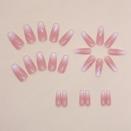 24pcs Gradient Press on Nails Square Medium Fake Nails White French Glitter Full Cover Artificial Glue on Nails Artificial Nails Exquisite False Nails Reusable Stick on Nails for Women DIY Nail Set