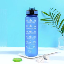 1 Litre Motivational Fitness Sport Water Bottle with Straw & Time Marker, Guaranteed Leak-Proof Design, BPA-Free Plastic Drink Bottle, Designed for Gym, Running, Cycling - Blue