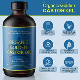 Hbaid Castor Oil Organic Cold Pressed Unrefined in Glass Bottle (8fl.oz/237ml), 20 Pieces 8.7 x 7.9 Inch Self-Adhesive Castor Oil Pack Made of Organic Cotton for Liver Detox Kit