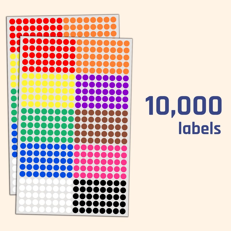 10,000 Pieces - 8mm Dot Stickers, Coloured Sticky Dots Labels