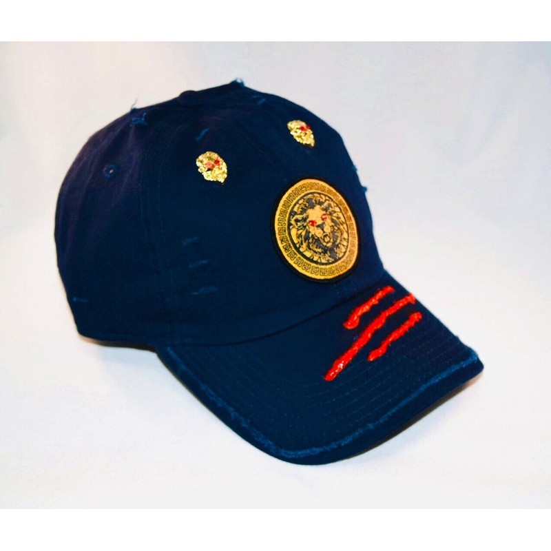 Damier Langevinè® Trendy Distressed Navy Blue Designer Baseball Cap Lion