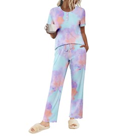 Ekouaer Pajama Sets For Women 2 Piece Short Sleeve Loungewear Button Down Pj Set Soft Sleepwear with Pockets Tie Dye Pink Blue Purple M