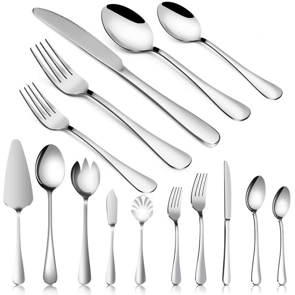 Silverware Set, MASSUGAR 25 Piece Silverware Flatware Cutlery Set, Stainless Steel Forks Spoons Knives Set Utensils Service for 4, Include Knife/Fork/Spoon, Mirror Polished (25-Piece)