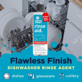 Nature Clean All Natural Dishwasher Rinse Aid Cleaner, Liquid Dishwasher Rinse Agent for Spot-Free Glass & Cutlery in Hard Water, Non Toxic Dish Washer Rinse Aid & Stain Remover, 8 oz/250ml, Pack of 3