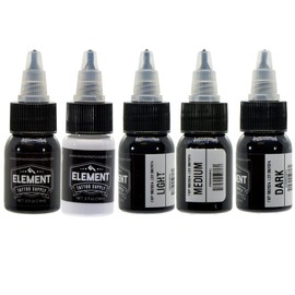 ELEMENT TATTOO SUPPLY - 5 Stage Greywash Tattoo Ink Set - 3 Stage Grey Wash Tattoo Ink - Black Tattoo Ink - White Tattoo Ink - 4 oz Bottles