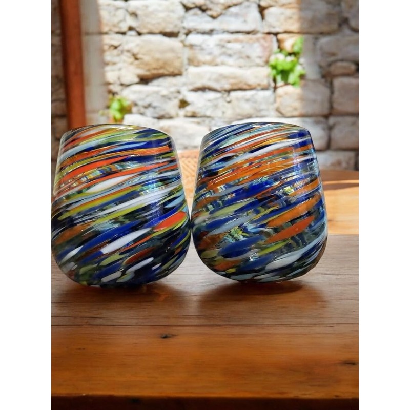 Handblown Confetti Stemless Wine Glass with Colorful Swirl Design (Set