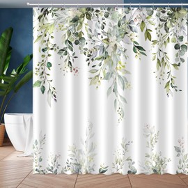 JWXCBIM Sage Green Eucalyptus Leaves Shower Curtain, Aesthetic Art Watercolor Plant Floral Leaf Bathroom Decor, Waterproof Fabric Shower Curtain Set with Hooks 72x72 Inch