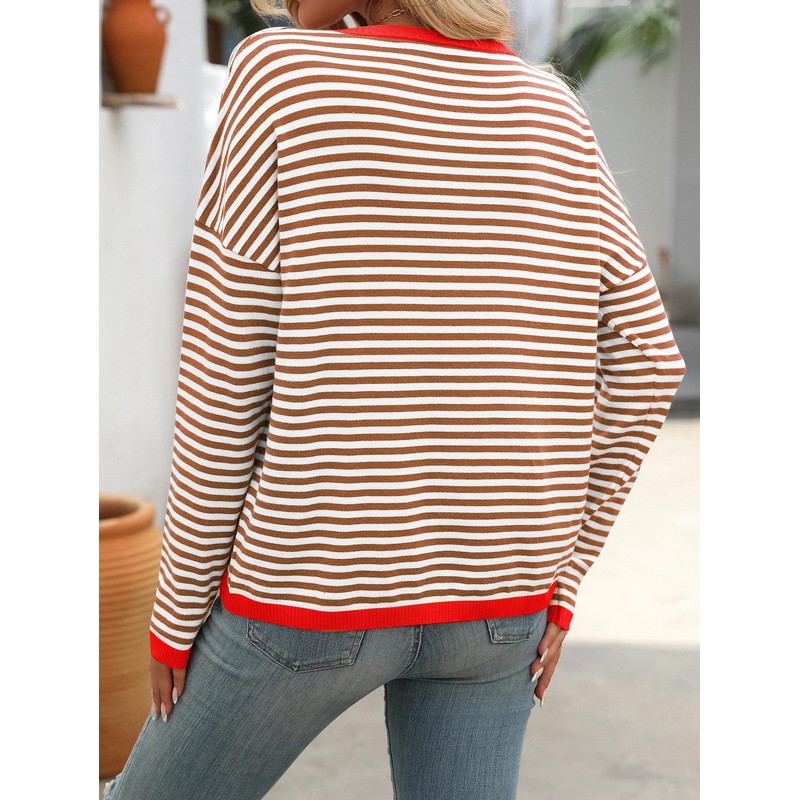Famulily Crew Neck Striped Pullover for Women Colour Block Long