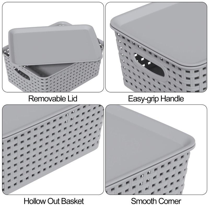 Wekioger Small Plastic Woven Basket, 6 Pack Grey Lidded Storage