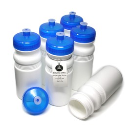 Rolling Sands 20 Ounce Sports Water Bottles 6 Pack, BPA-Free, Made In USA, Dishwasher Safe, White Bottles/Blue Lids