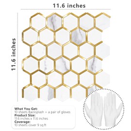 STICKGOO Hexagon Peel and Stick on Backsplash for Kitchen and Bathroom, White Marble Look PVC Mixed Metal Gold Self Adhesive Metal Mosaic Tiles(10 Sheets, Seamless)