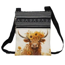 LiuenMgg Floral Highland Cattle Messenger Bag Small Ethnic Pattern Printed Adjustable Strap Crossbody Zipper Bag Floral Highland Cattle Phone Bag Wallet Cute Shoulder Handbag for Women
