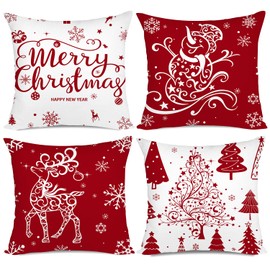 Miaikoe Christmas Cushion Covers 50x50 Set of 4 Christmas Decoration Trees Deer Snowman Merry Christmas Decorative Holiday Farmhouse Pillow Cases for Holiday Christmas Decoration（Red）